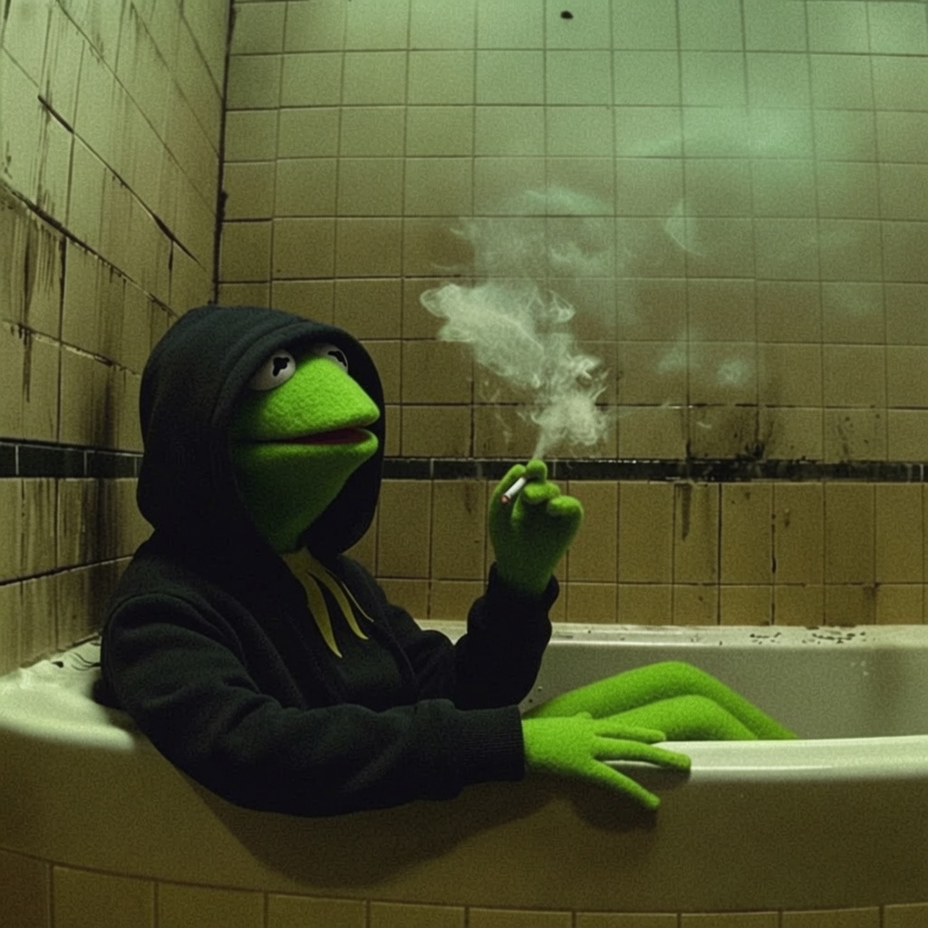 Hooded Kermit smoking in a bathtub