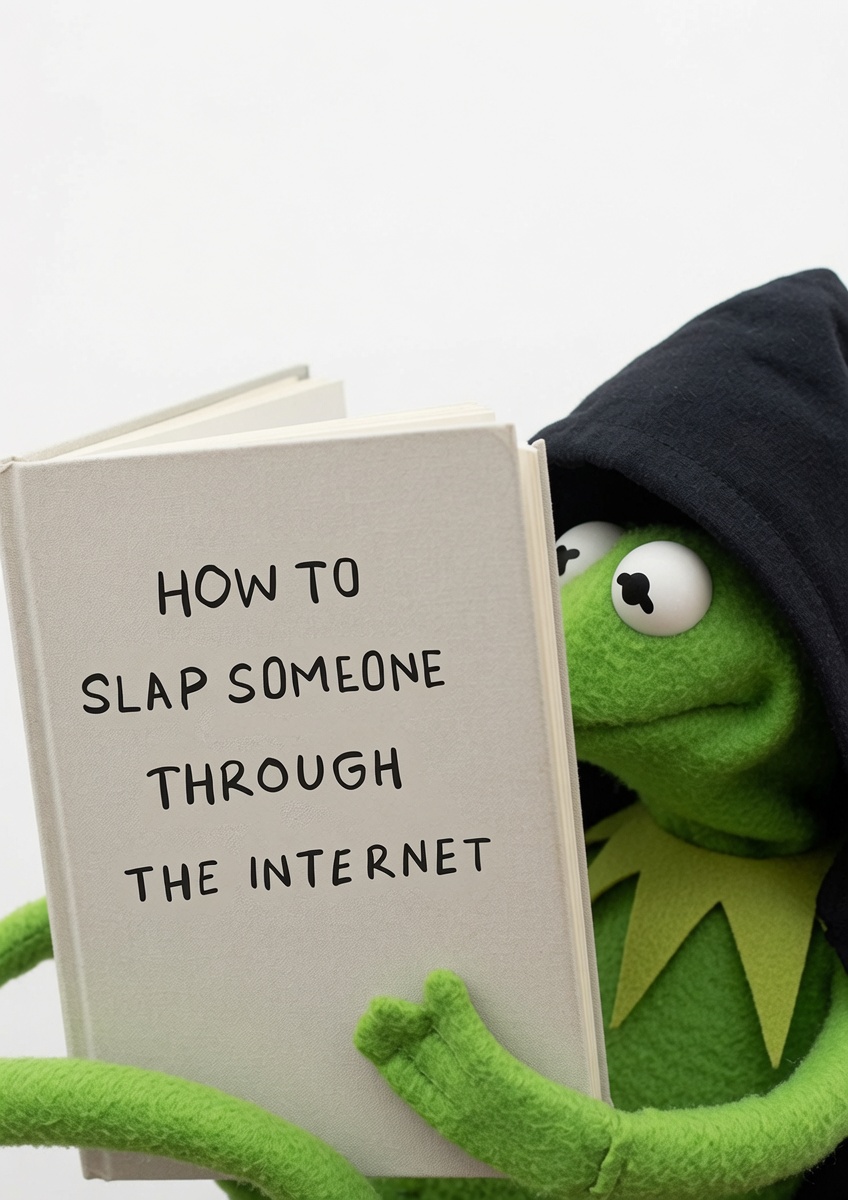 Kermit reading 'How to slap someone through the internet'