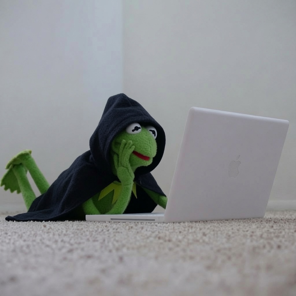 Hooded Kermit at a laptop