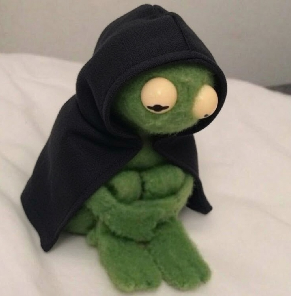 Tiny hooded Kermit monk